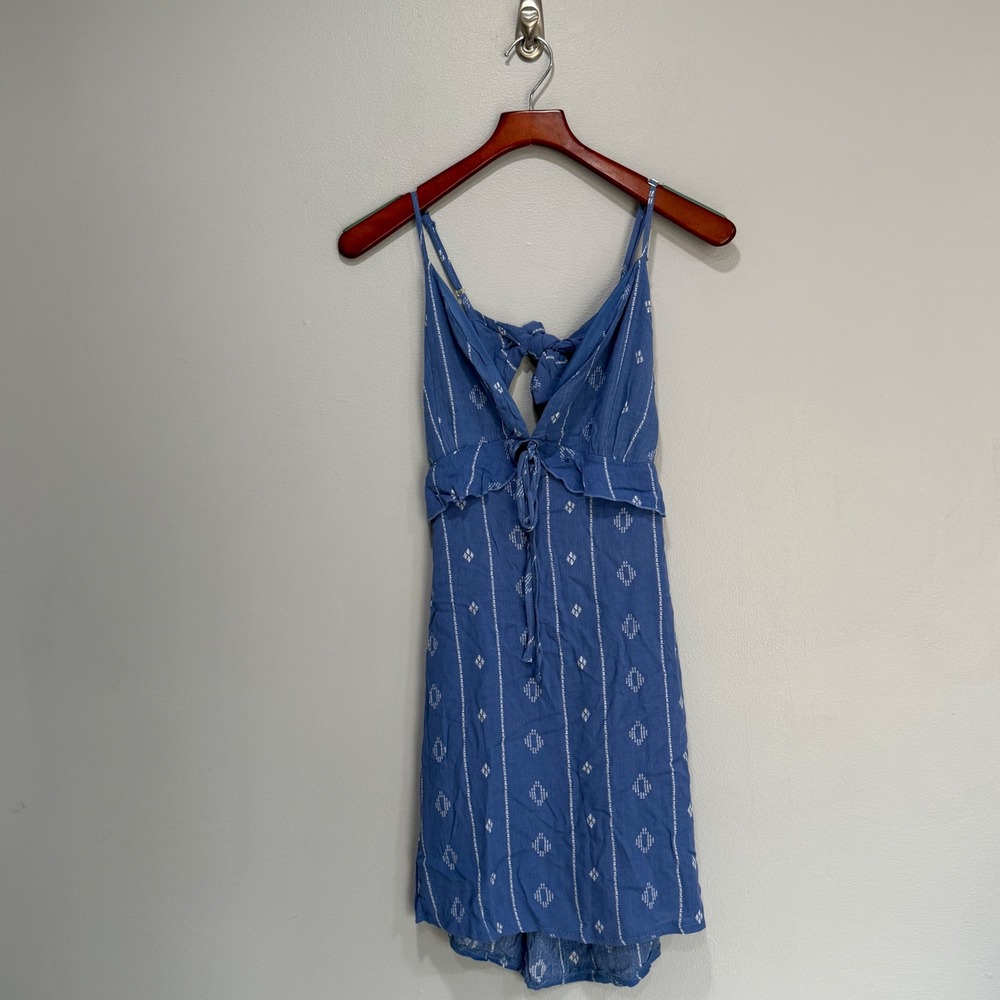 Salty Lemon Blue Embroidered Tie Front‎ Cutout Ruffle Mini Dress Womens M Beach